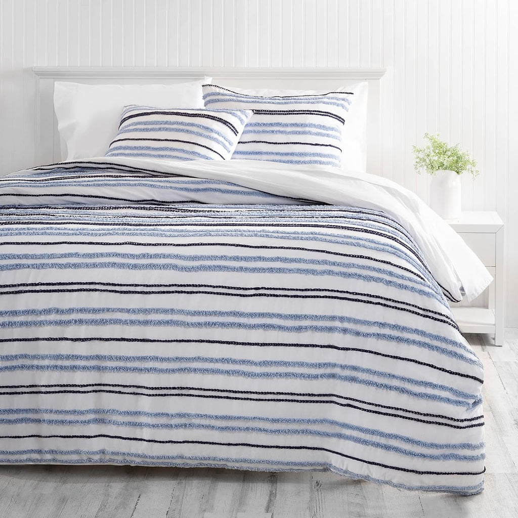 Martha Stewart - London Stripe Chenille King Size Duvet, 3 Piece Set-1 Duvet Cover, 2 Pillow Shams, Cotton-Percale, Soft, Reversible, Easy Wash, All Season 104'x92' with Button Closure, Soft Blue/Navy
