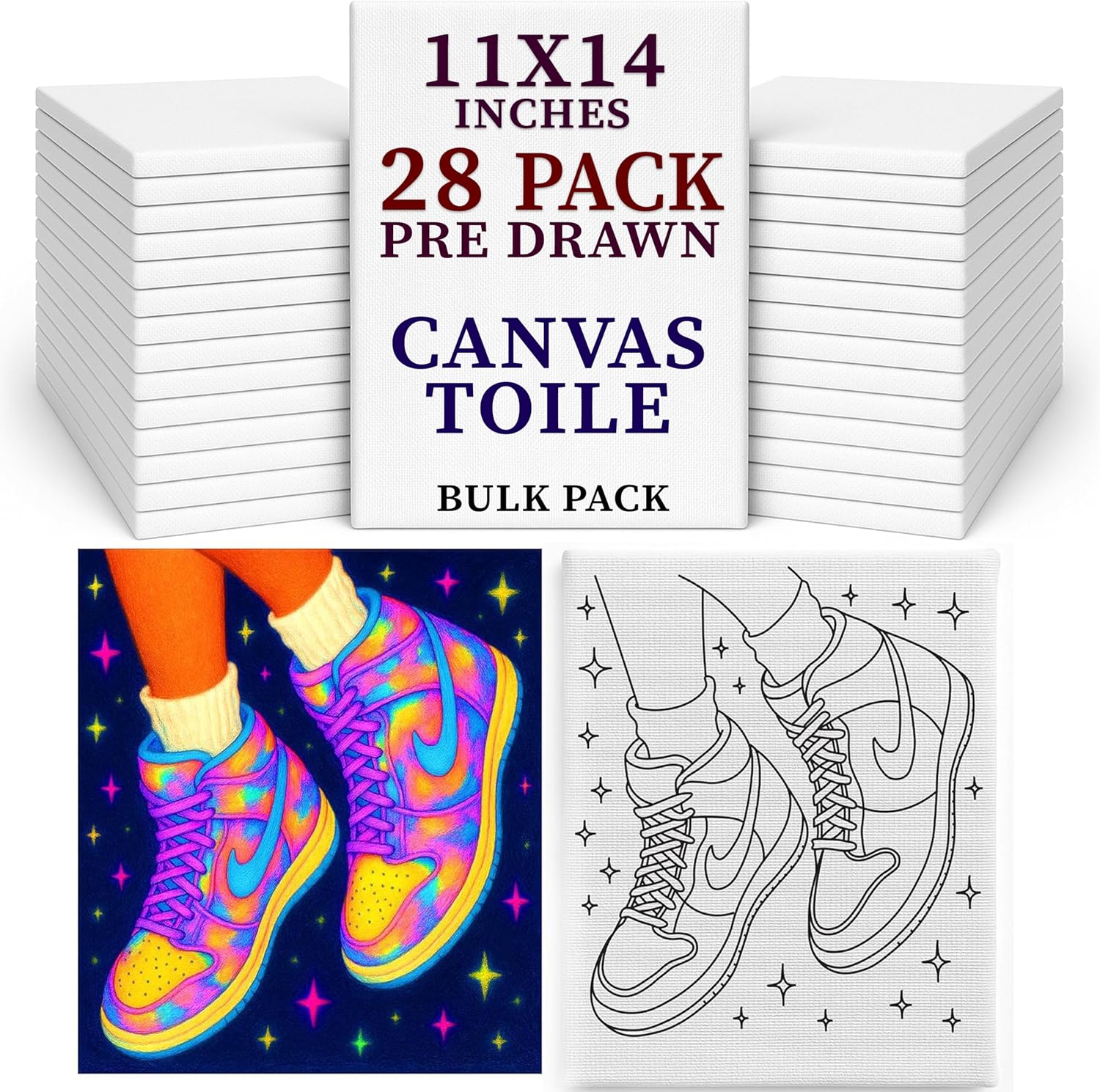11x14 Sneakers Pre Sketched Canvas 28 Pack Sip And Paint Kit Bulk School Supplies Classroom Carnival Corporate Workshop Fundraiser Activity