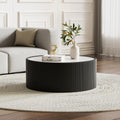 29.52' Black Round Coffee Table, Drum Coffee Table with Sintered Stone Tabletop and Fluted PU Leather Covered and Stable Base, Circle Cocktail Tea Table for Living Room