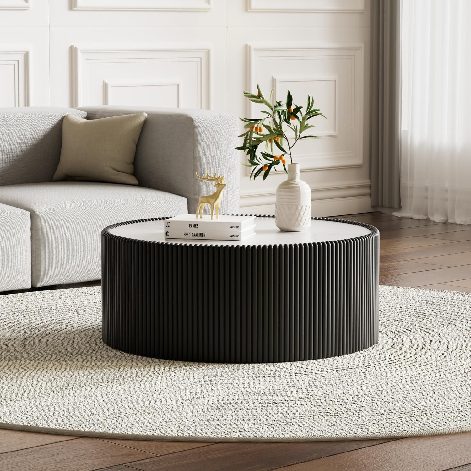 29.52' Black Round Coffee Table, Drum Coffee Table with Sintered Stone Tabletop and Fluted PU Leather Covered and Stable Base, Circle Cocktail Tea Table for Living Room