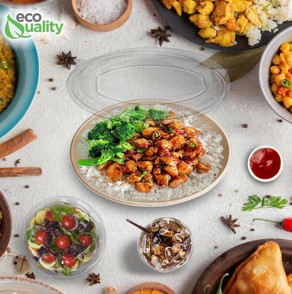 32 oz Disposable Compostable Fiber Oval Burrito Bowls with Dome Lids Heavy-Duty, Eco-Friendly Natural Bagasse Unbleached, Heat Resistant, Biodegradable Paper Salad Bowls Alternative to Plastic (200)