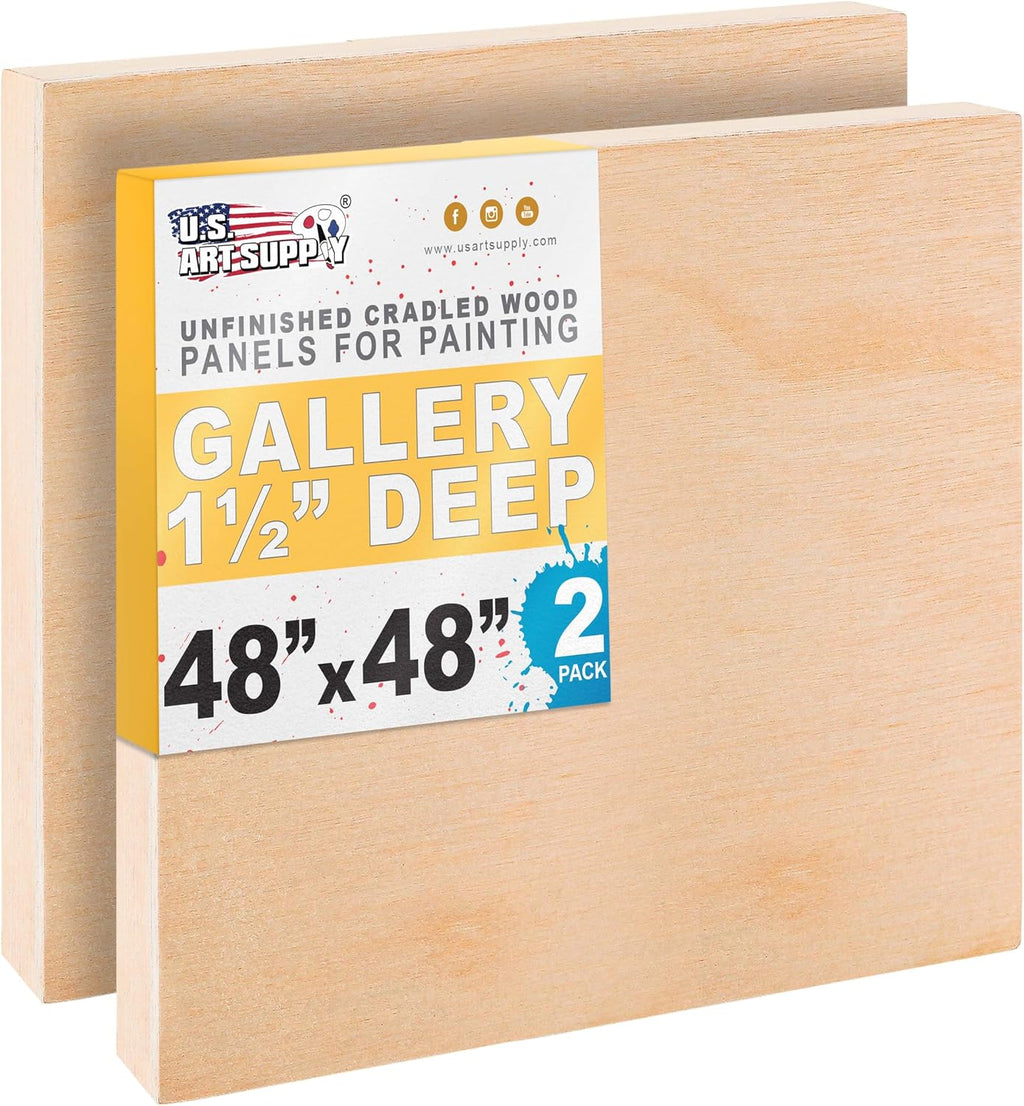 U.S. Art Supply 48' x 48' Unfinished Cradled Wood Panels for Painting, Gallery 1-1/2' Deep (2 Pack) - Artist Depth Wooden Wall Canvases - Mixed-Media Craft, Acrylic, Oil, Encaustic, Paint Pouring