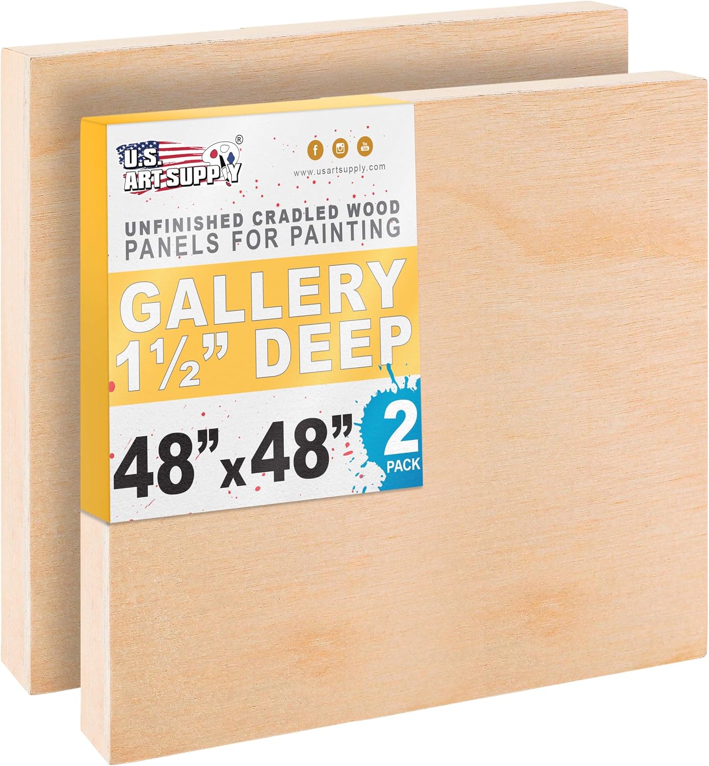 U.S. Art Supply 48' x 48' Unfinished Cradled Wood Panels for Painting, Gallery 1-1/2' Deep (2 Pack) - Artist Depth Wooden Wall Canvases - Mixed-Media Craft, Acrylic, Oil, Encaustic, Paint Pouring