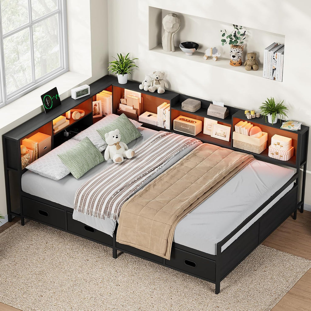 Full Size Corner Bed Frame with LED Lights, Charging Station & 8-Bookcase Headboard, Metal Platform Corner Bed with 4 Storage Drawers, Full Daybed for Kids Teens Guests, Black