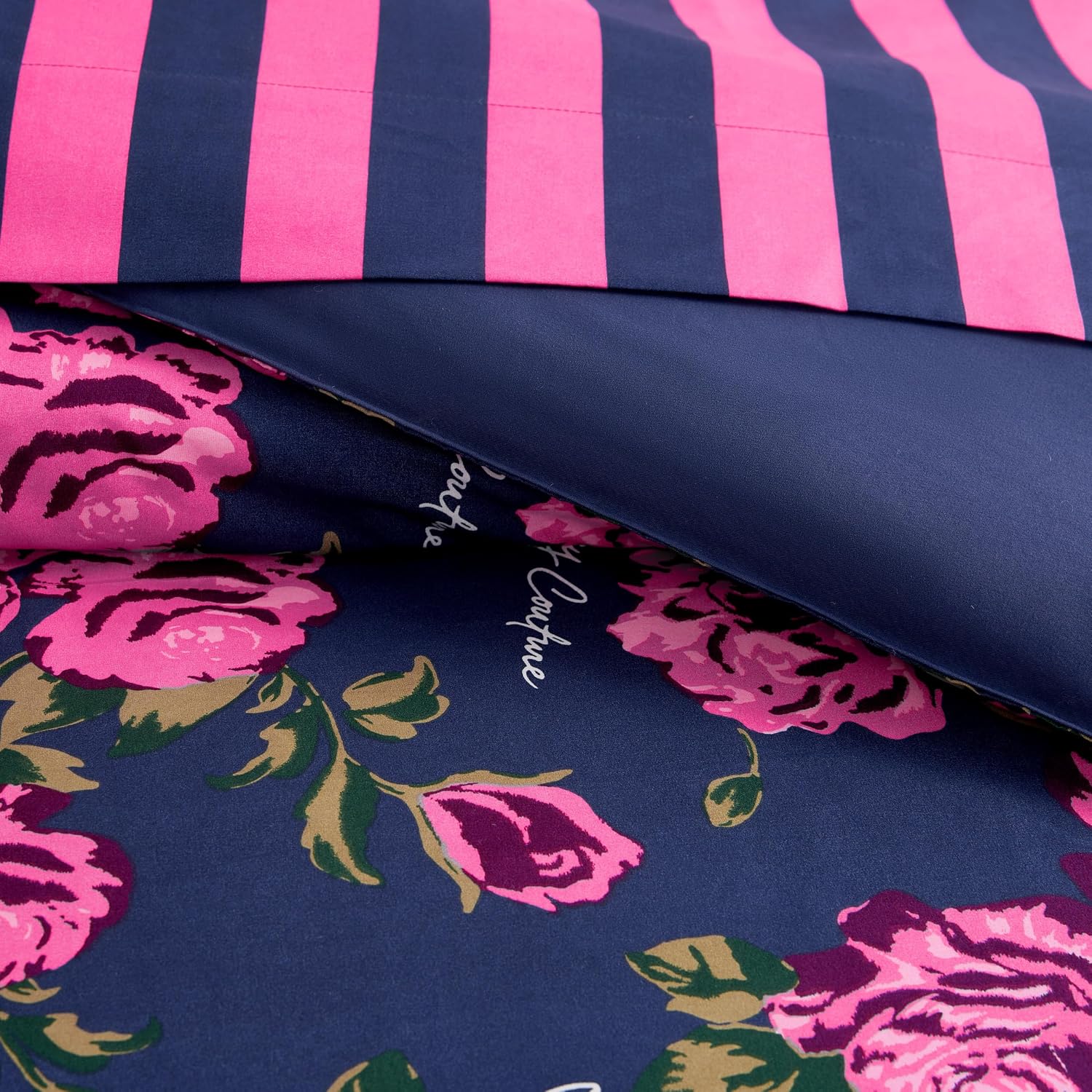 Juicy Couture Rose Logo Twin Comforter Set, Navy/Pink – 6-Piece Complete Bed in a Bag