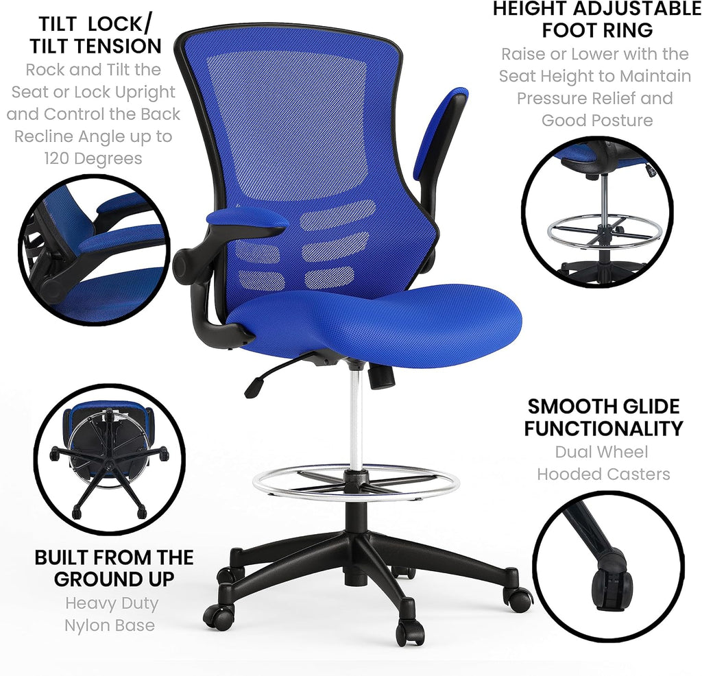 Flash Furniture Kelista Mid-Back Swivel Office Chair with Adjustable Seat Height, Ergonomic Mesh Desk Chair with Flip-Up Armrests, Blue