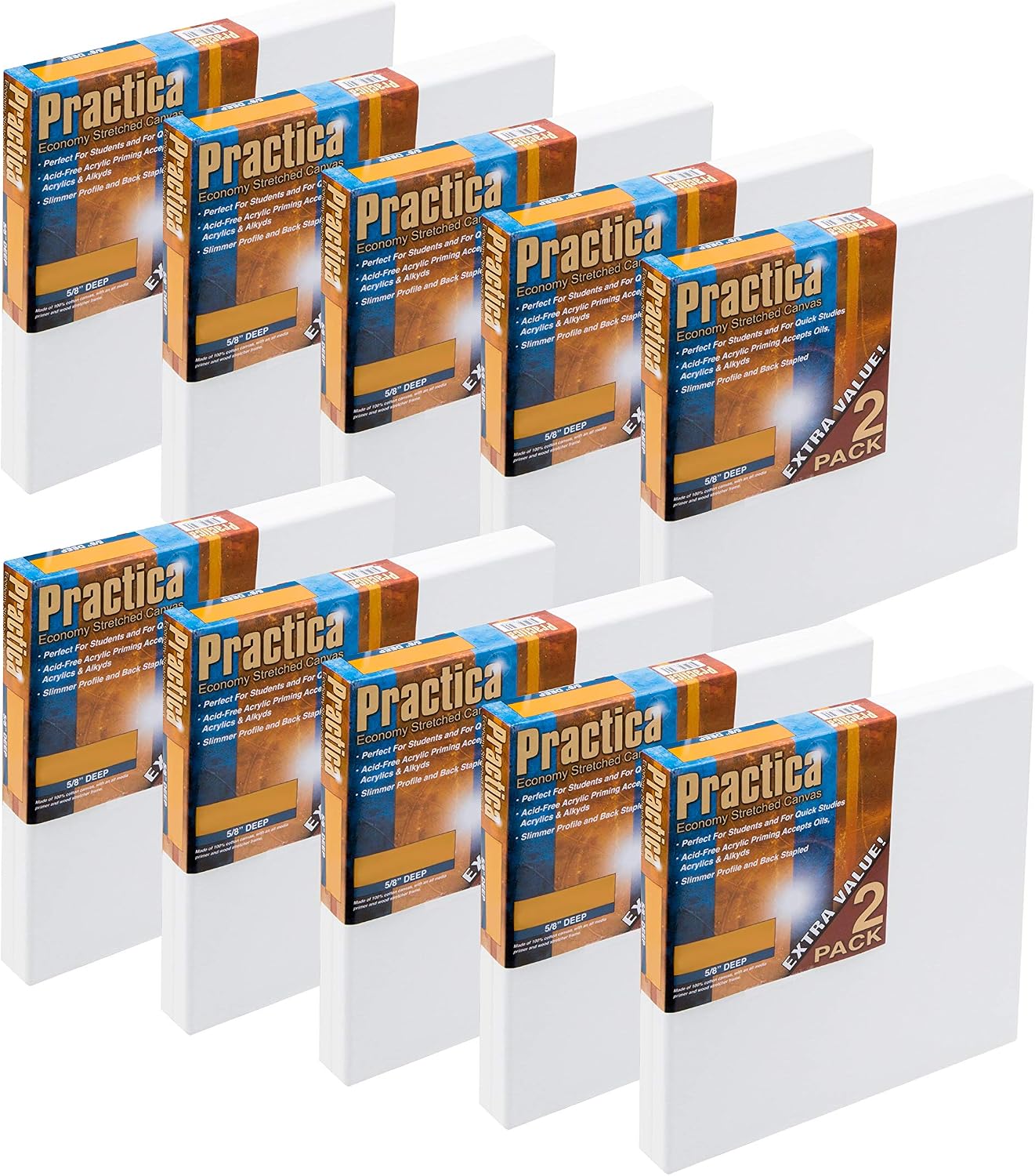 Practica Economy Stretched Cotton Canvas 20-Pack, 20x20 - Acid-Free Acrylic Primed Canvas for Acrylics, Pastels, Graphite, & More!