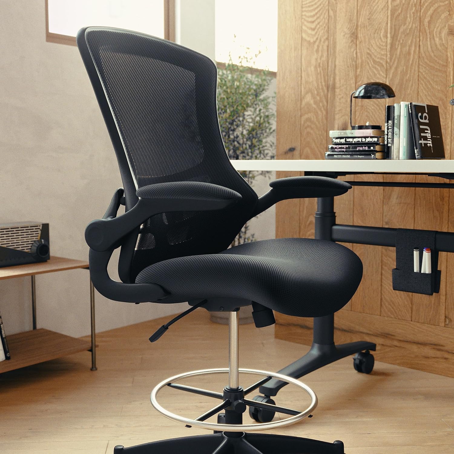Flash Furniture Kelista Mid-Back Swivel Office Chair with Adjustable Seat Height, Ergonomic Mesh Desk Chair with Flip-Up Armrests, Black
