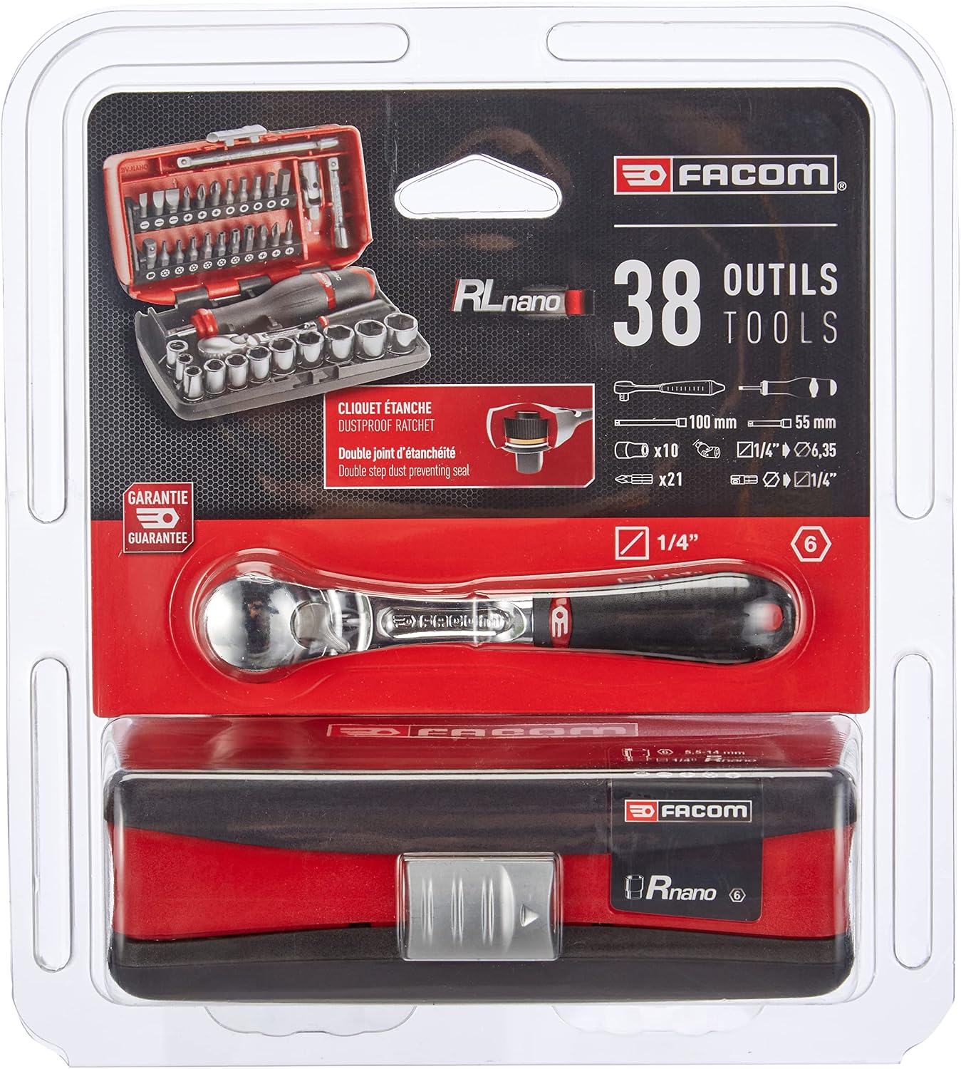 FACOM - 1/4 Inch Square Socket Set (38 Tools & Parts) - RL.NANO1PB - Ratchet Wrenches, Screwdrivers and Bits - Complete Clamping and Screwing Set - Hand Tools