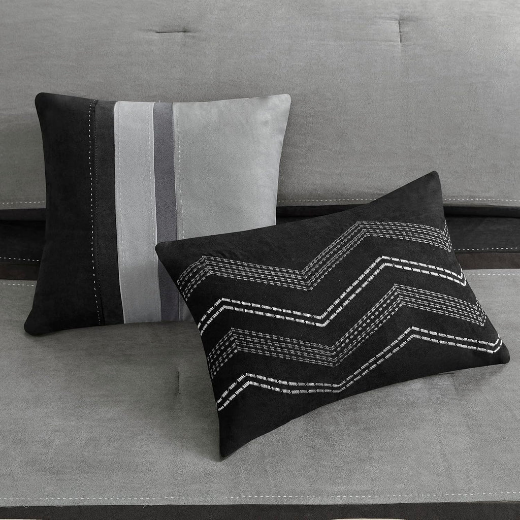 Madison Park Palisades Comforter Set Modern Faux Suede Pieced Stripe Design, All Season Down Alternative Cozy Bedding with Matching Shams, Decorative Pillows, Queen(90'x90'), Black 7 Piece