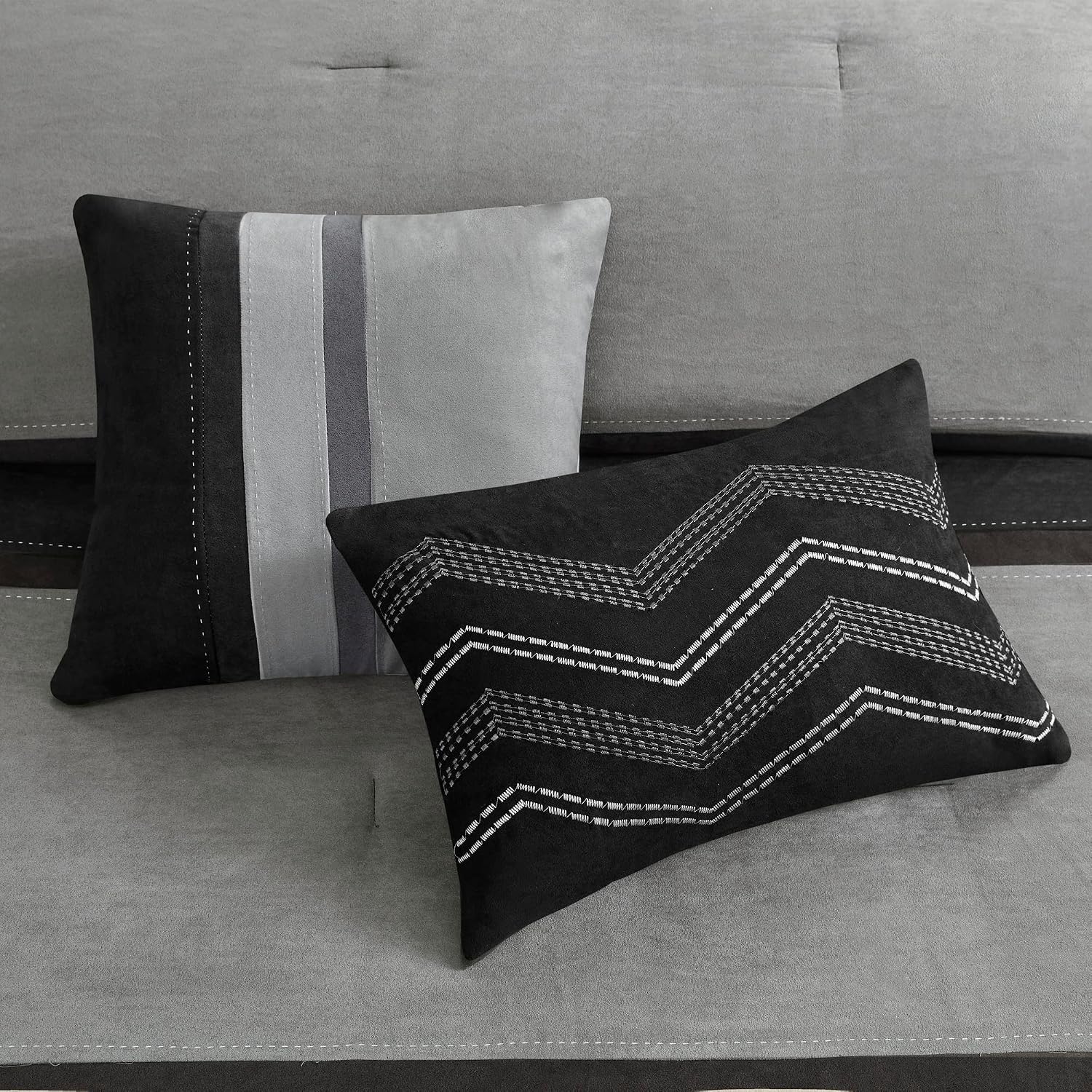 Madison Park Palisades Comforter Set Modern Faux Suede Pieced Stripe Design, All Season Down Alternative Cozy Bedding with Matching Shams, Decorative Pillows, Queen(90'x90'), Black 7 Piece