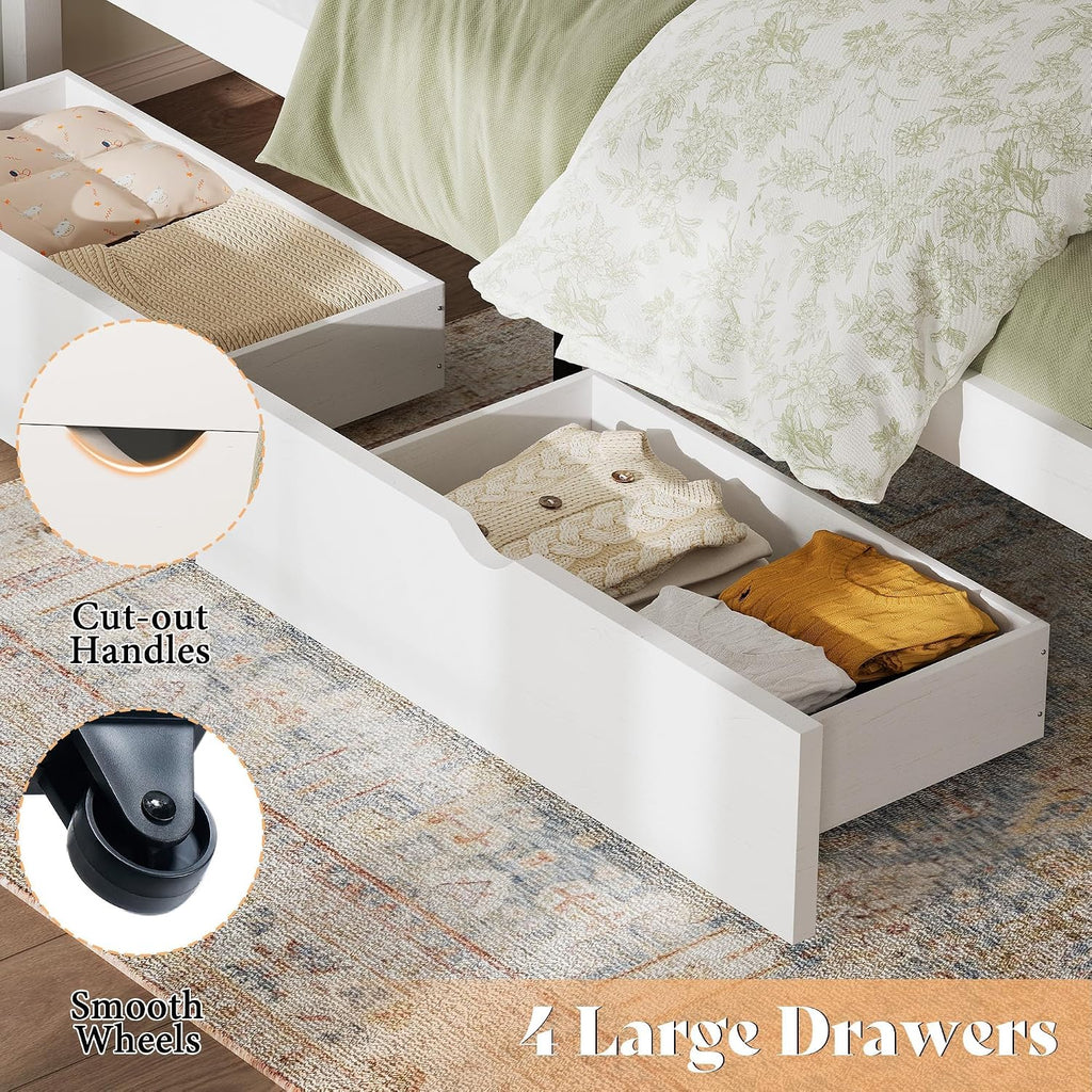 AMERLIFE Twin Bed Frame with Headboard, Platform Beds with 4 Storage Drawers, Wood Slats Support, Wood Bed Frame for Bedroom, White