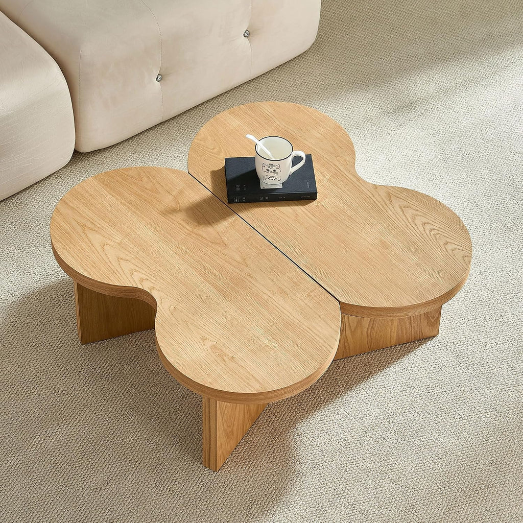Nesting Coffee Table Set of 2 for Living Room, Couch/Bedroom Side, Butterfly Shaped Unique Cute, 31.49' Wood Irregular Fun Center Table for Small Space - Oak