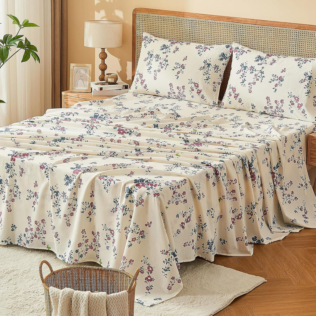 Bedlifes 100% French Linen Sheets Queen Size – Floral Printed, Botanical Pattern Breathable Cooling Sheet Set, 16' Deep Pocket, 4-Piece (Queen, Floral Red)