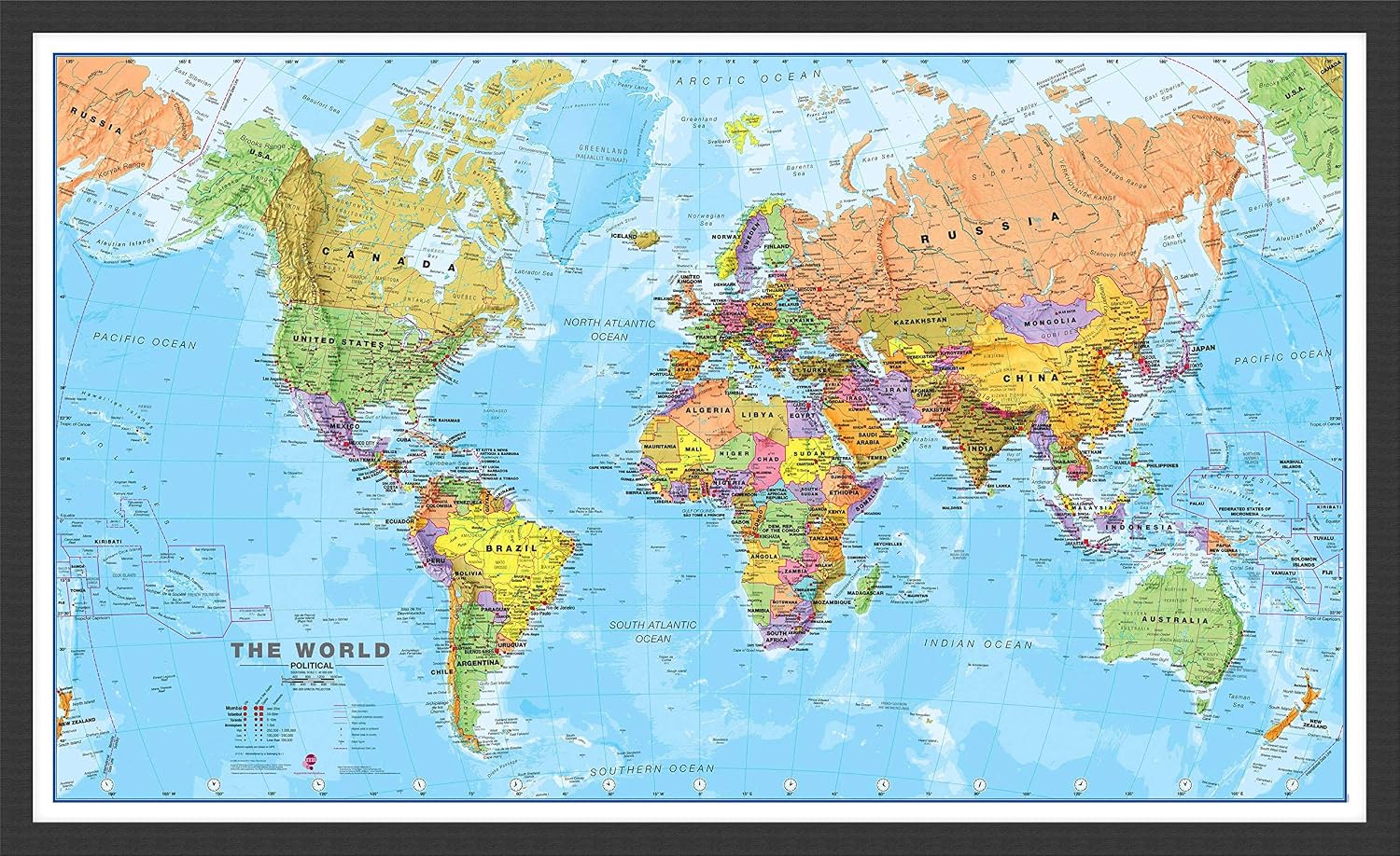 Maps International Medium Political World Wall Map - Push Pin Board Mounted with Black Wood Frame - 23 x 33