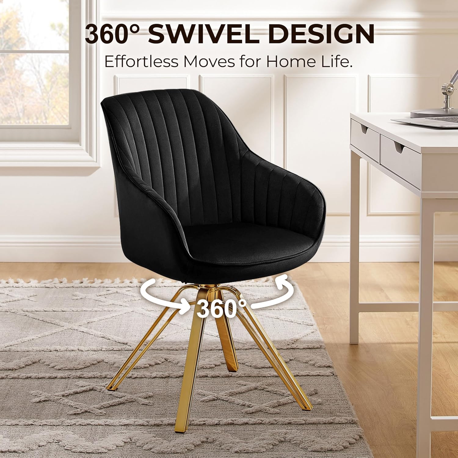 Volans Modern Desk Chair No Wheels, Upholstered Swivel Accent Chairs with Gold Plated Legs, Velvet Office Chair for Home Office Bedroom, Black