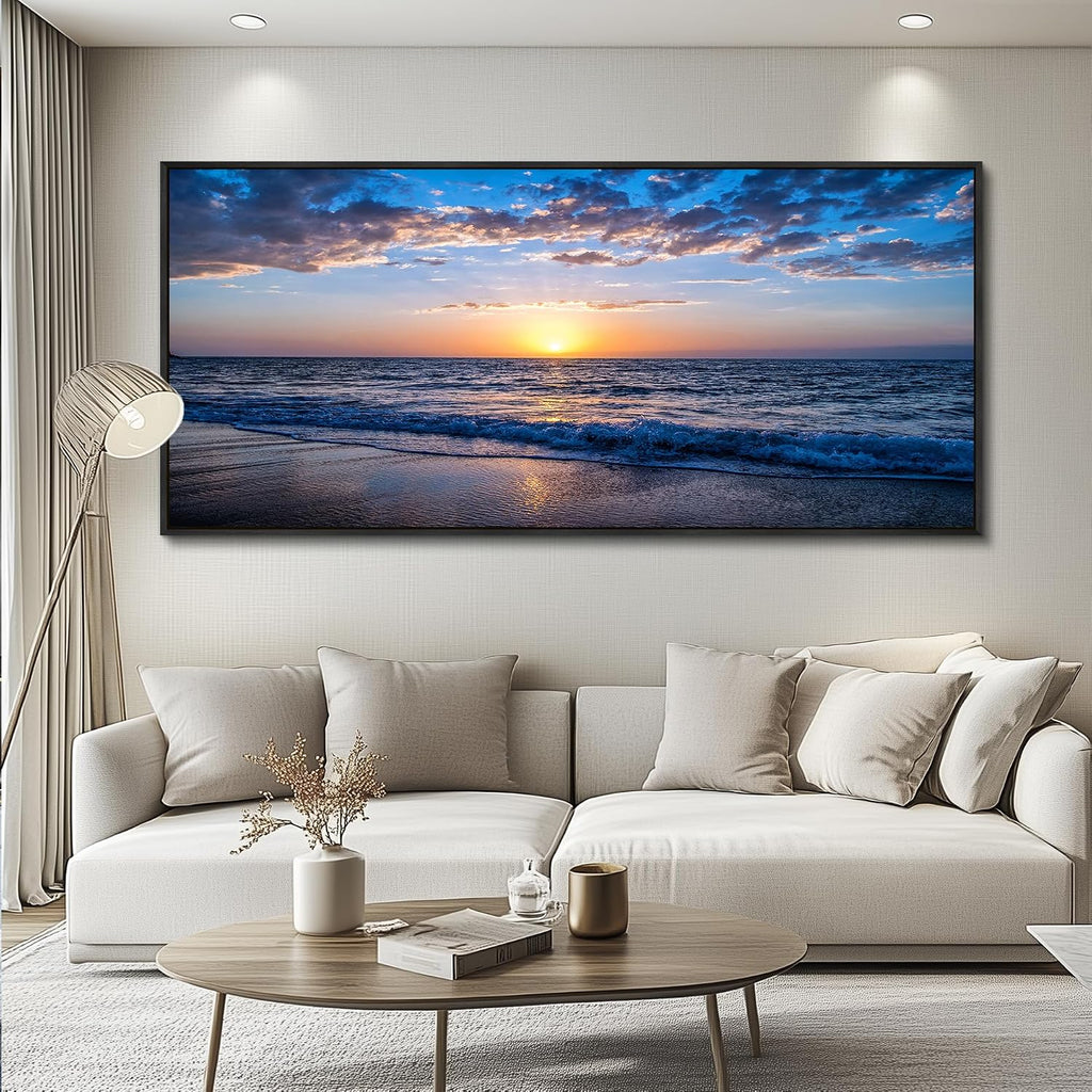 hyidecorart Blue Ocean Wall Art Large Paintings For Living Room Wall Decor For Bedroom Landscape Nature Artwork For Walls Canvas Prints Calm Waves Beach Pictures For The Office Black Framed 72x32