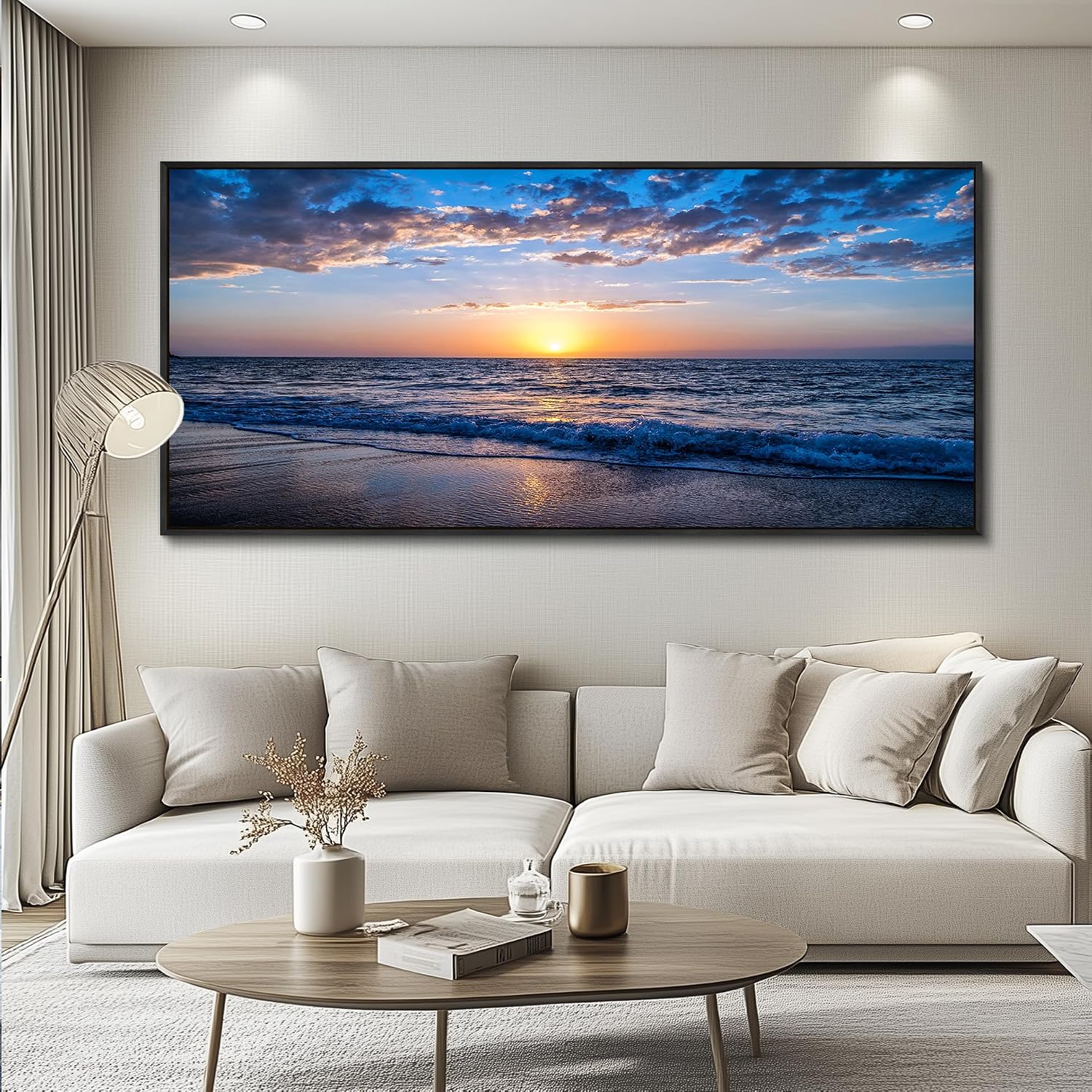 hyidecorart Blue Ocean Wall Art Large Paintings For Living Room Wall Decor For Bedroom Landscape Nature Artwork For Walls Canvas Prints Calm Waves Beach Pictures For The Office Black Framed 72x32