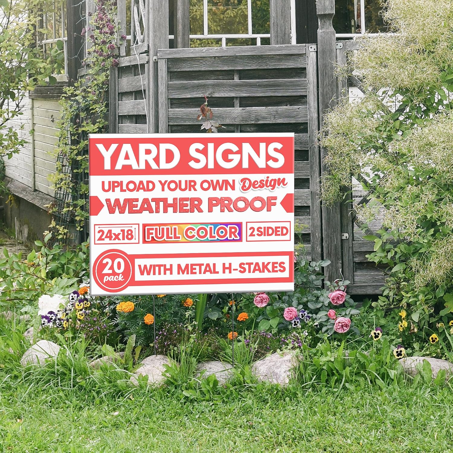 20 pack 24x18' Double Sided Custom Yard Sign with Metal Stake Front and Back Custom Printed Personalized Lawn Sign for Business, Real Estate, or Yard Sale, Full Color Corrugated Plastic Signage for Outdoors, Home, Office, Business (20-Pack)