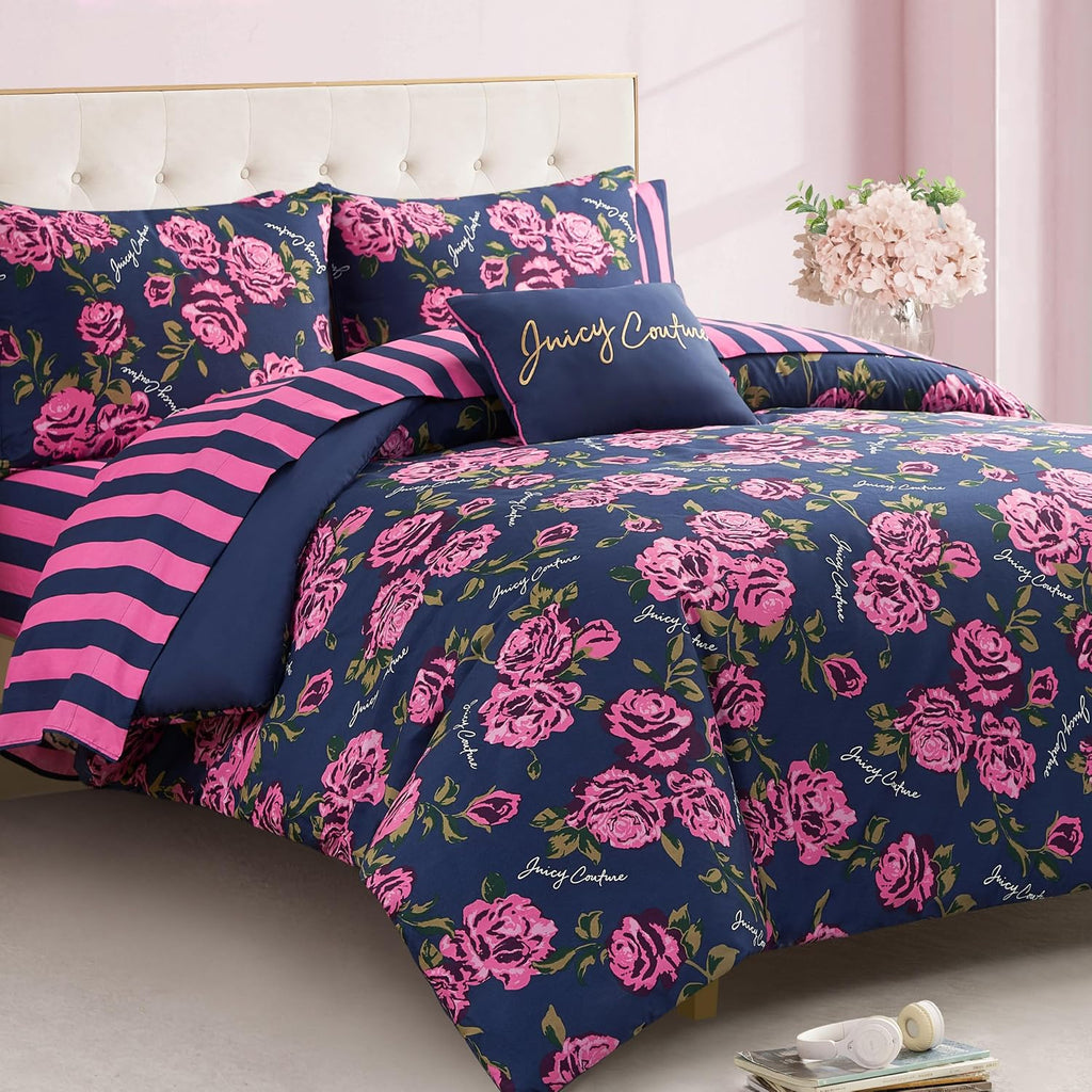 Juicy Couture Rose Logo Twin Comforter Set, Navy/Pink – 6-Piece Complete Bed in a Bag
