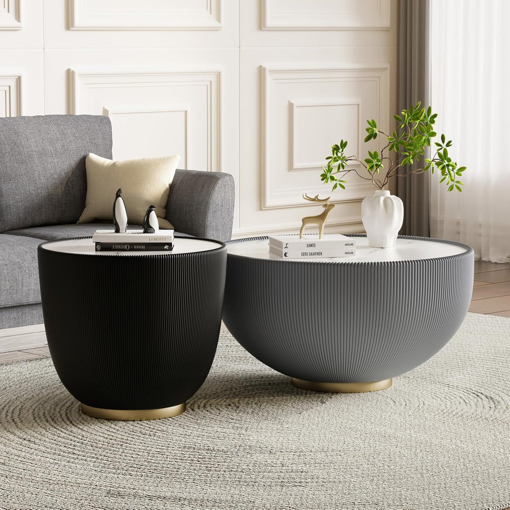 Round Living Room Table Set, 27.56' Grey Drum Center Table and 19.69' Black Coffee Table Set, 2 Pieces Coffee Table Set with Sintered Stone Tabletop, Fluted PU Leather Covered and Metal Base