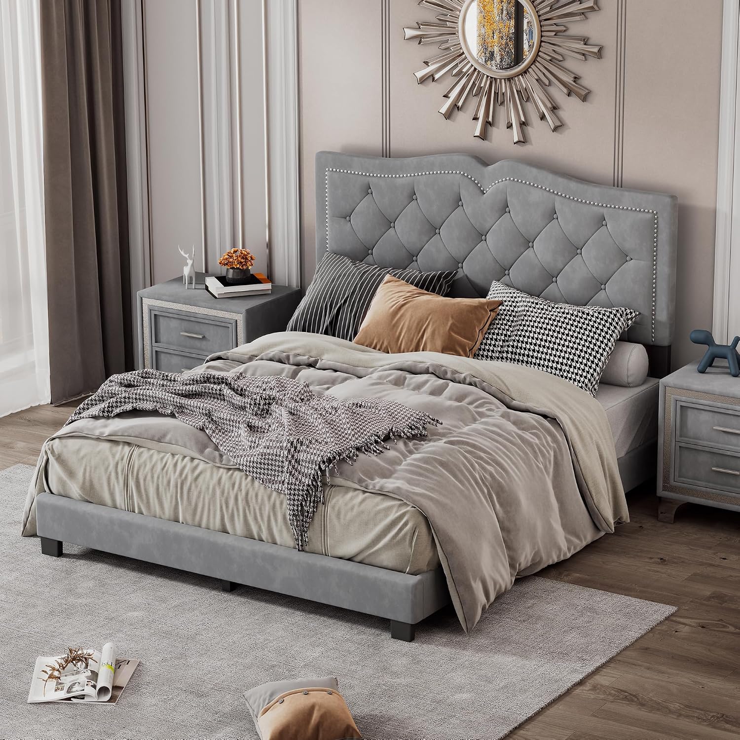 VilroCaz Elegant Velvet Design 3-Pieces Bedroom Sets, Modern Queen Size Platform Bed with 2 Nightstands, Bedside Table, Rivet Design Tufted Headboard