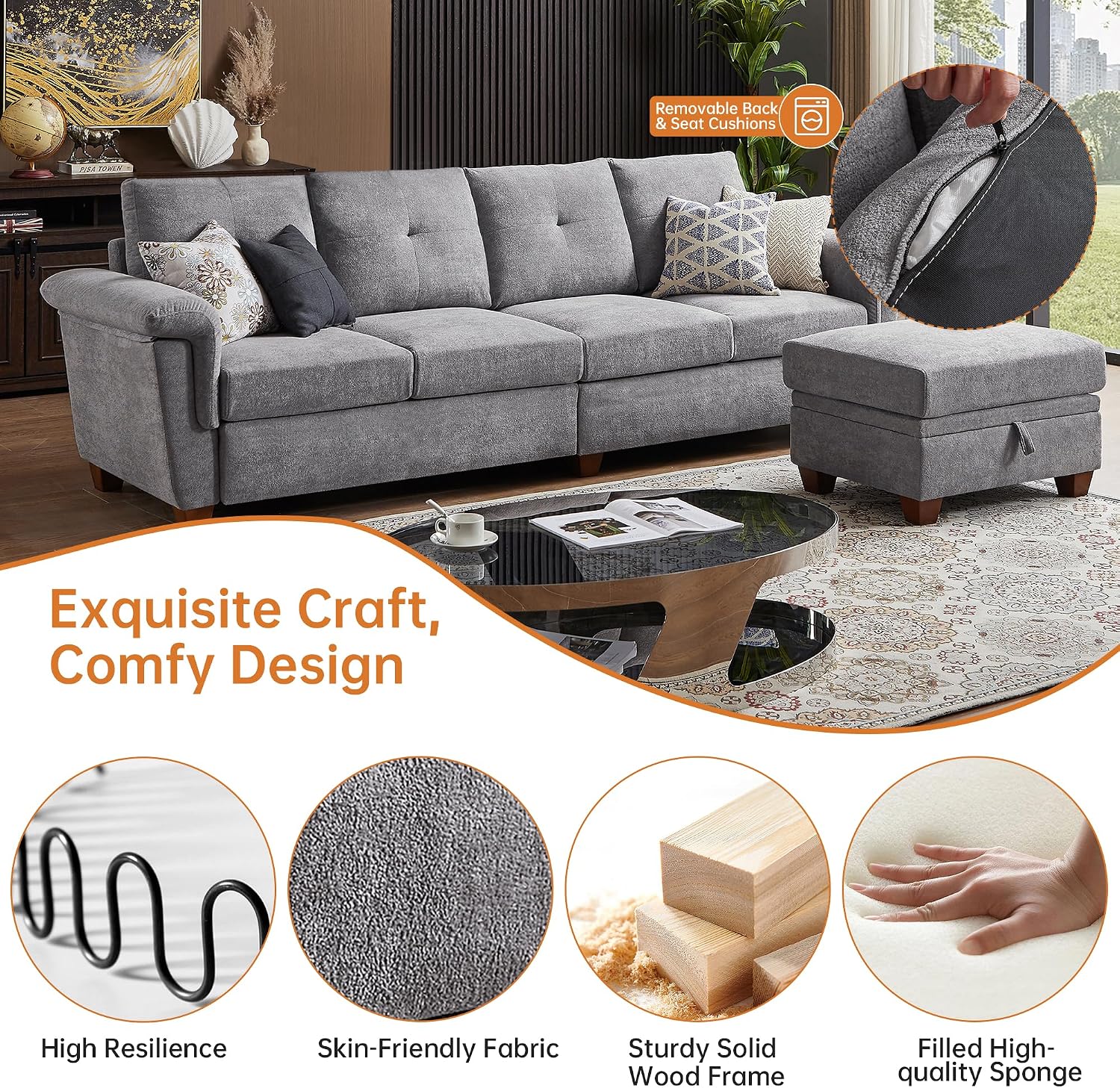 4-Seat Sectional Couches for Living Room, Bedroom, Office with Storage, L Shape Convertible Sectional Sofa Couch with Ottoman and Cup Holders, Light Grey