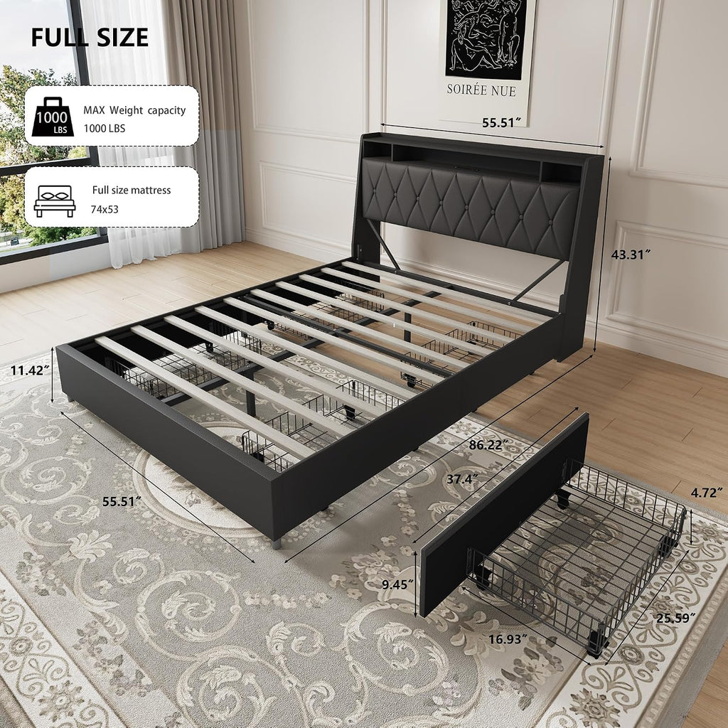 Black Full Bed Frame with Headboard, Metal Platform Bed Full Size with 2-Tier Bookshelf Storage, and 4 Storage Drawers & Charging Station Type C, Leather Fabric No Box Spring Needed (Black, Full)