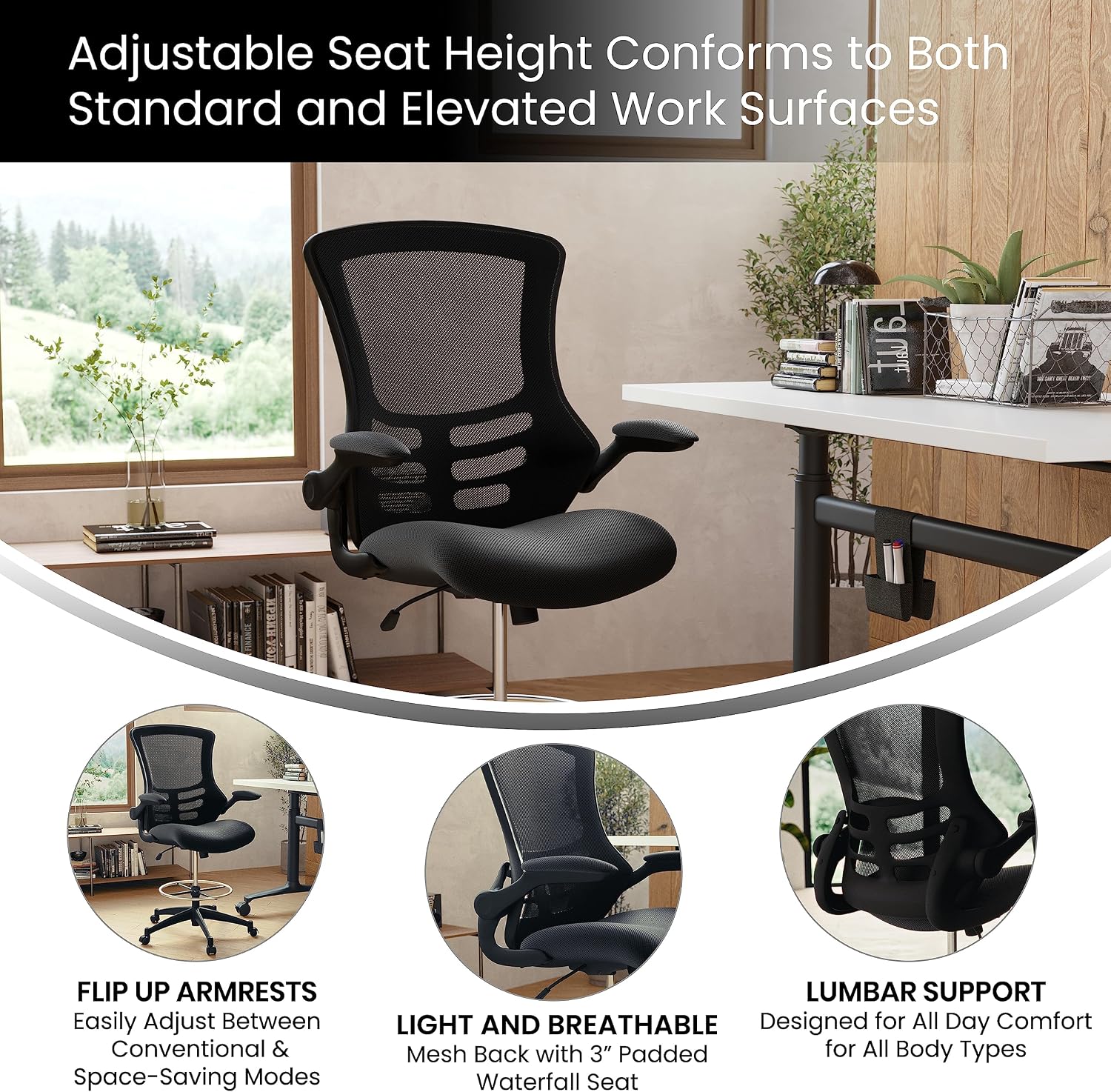 Flash Furniture Kelista Mid-Back Swivel Office Chair with Adjustable Seat Height, Ergonomic Mesh Desk Chair with Flip-Up Armrests, Black