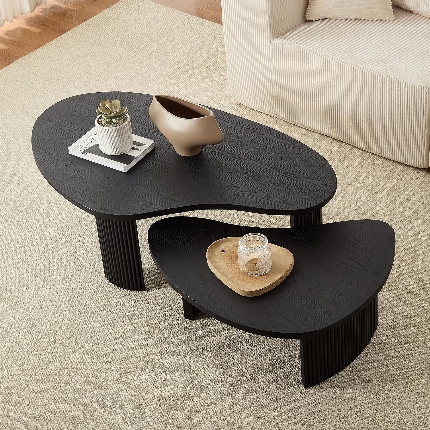 Modern Nesting Coffee Tables Set, 2-Piece Irregular Circle Wood Center Tables Unique End Side Table for Living Room Office, Fluted Legs Easy Assembly - Black