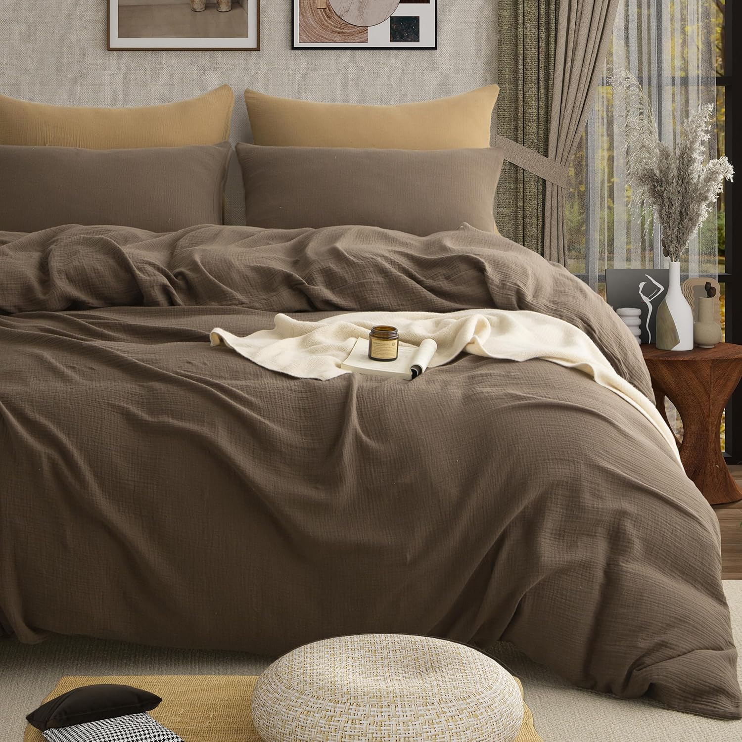 Muslin Duvet Cover 100% Washed Cotton, Oversized King Size Duvet Cover Set Linen Like, Minimalist Soft Comforter Cover, Lightweight Gauze Duvet Cover with 2 Pillowcases, 98'x120', Dark Brown