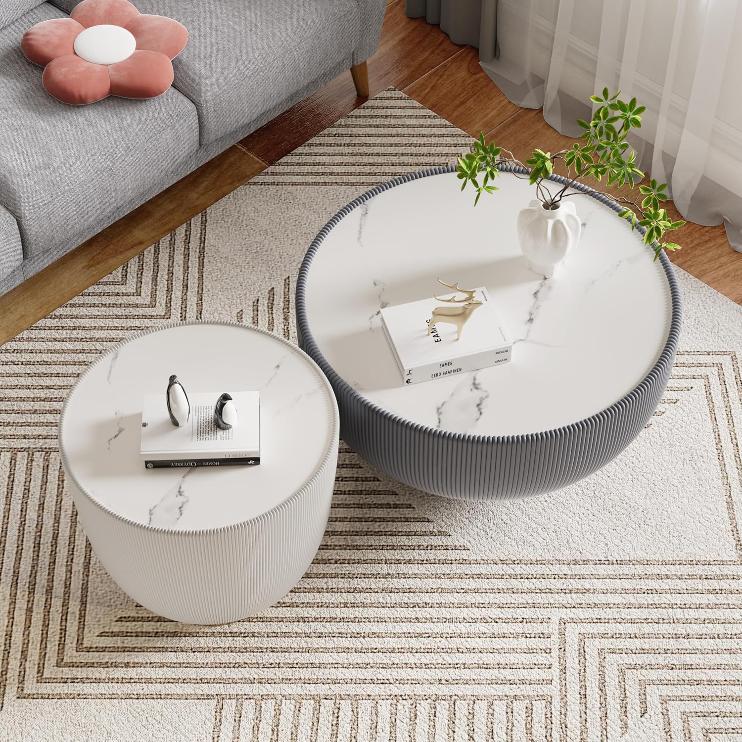 Round Coffee Table Set, 27.56' Grey Drum Center Table and 19.69' White Coffee Table Set, 2 Pieces Living Room Table Set with Sintered Stone Tabletop, Fluted PU Leather Covered and Metal Base