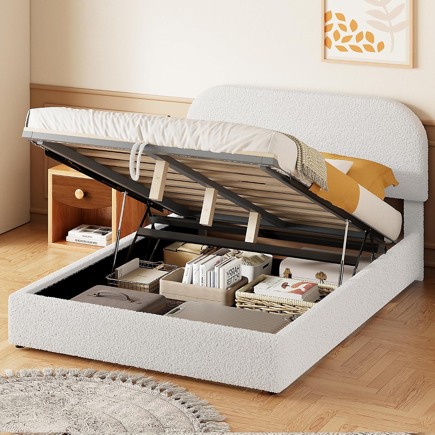 Upholstered Platform Bed with Hydraulic Storage System and Curved Shaped Headboard, Full Size Wood Bed Frame for Kids Adults Bedroom Furniture, Teddy Fleece Thick Upholstered Bed Grounded Bed
