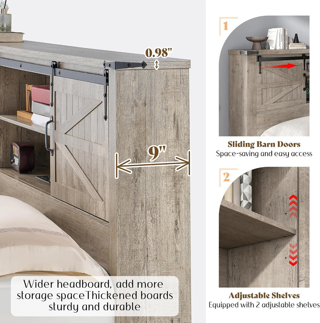 AMERLIFE Farmhouse King Bed Frame, Rustic Wood Platform Bed w/Barn Door Storage Bookcase Headboard & Charging Station, Bedroom Furniture, No Box Spring Needed, Light Grey