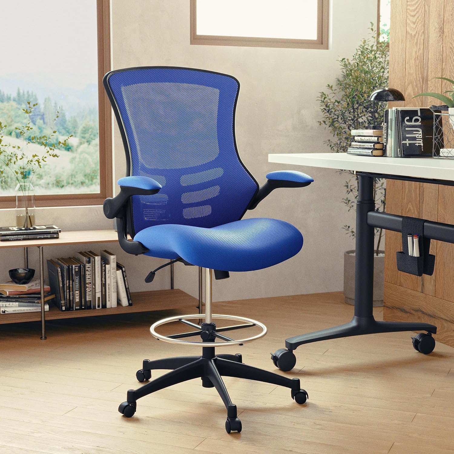 Flash Furniture Kelista Mid-Back Swivel Office Chair with Adjustable Seat Height, Ergonomic Mesh Desk Chair with Flip-Up Armrests, Blue