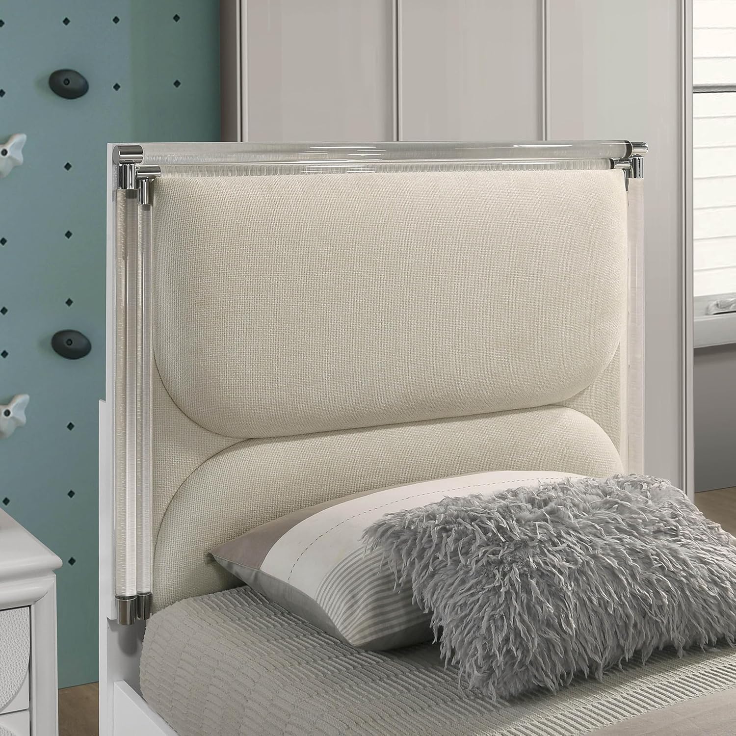 Furniture of America Leila Modern Wood 6-Piece Kids Bedroom Set with LED on Headboard and Mirror, Embossed Panels, Hidden Jewelry Tray, Felt-Lined, No Box Spring Needed, Twin, Pearl White