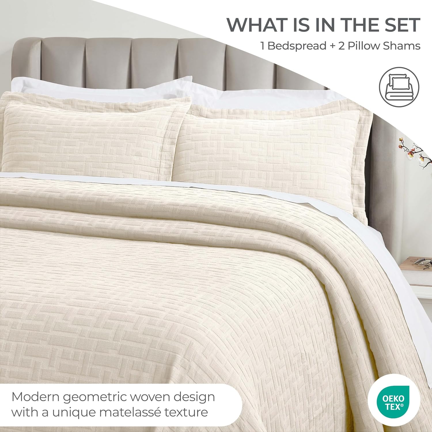 Superior 3 Piece Cotton Bedspread and Sham Set, Home Bed Decor, Decorative Bed Spread, 2 Pillow Shams, Medium Weight, Geometric Matelasse Coverlet, Bedding Essentials, Madrid Collection, Queen, Ivory