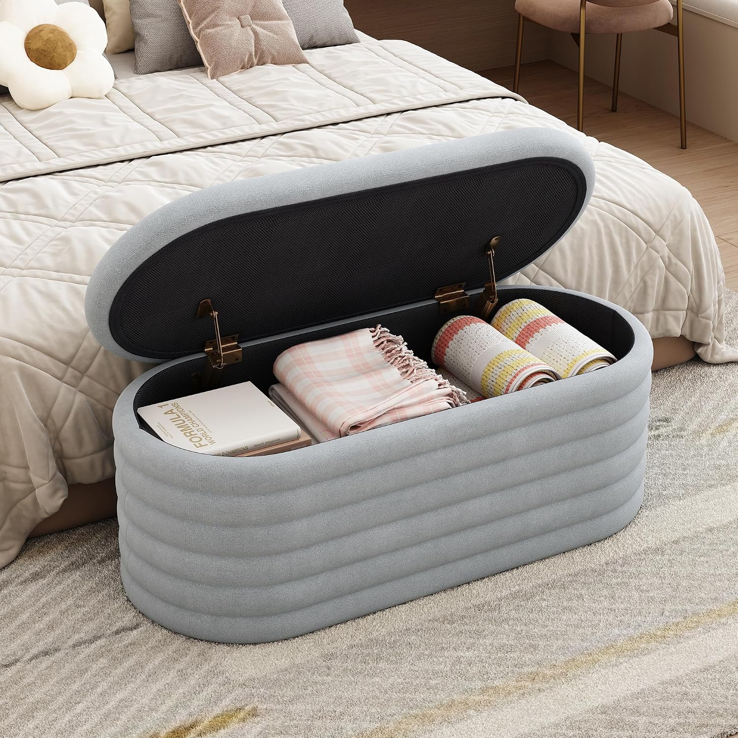 Storage Ottoman Bench 40 inch Upholstered Chenille Fabric Storage Bench for Bedroom End of Bed Stool Aesthetic Large Storag Ottoman for Living Room Entryway,Light Grey