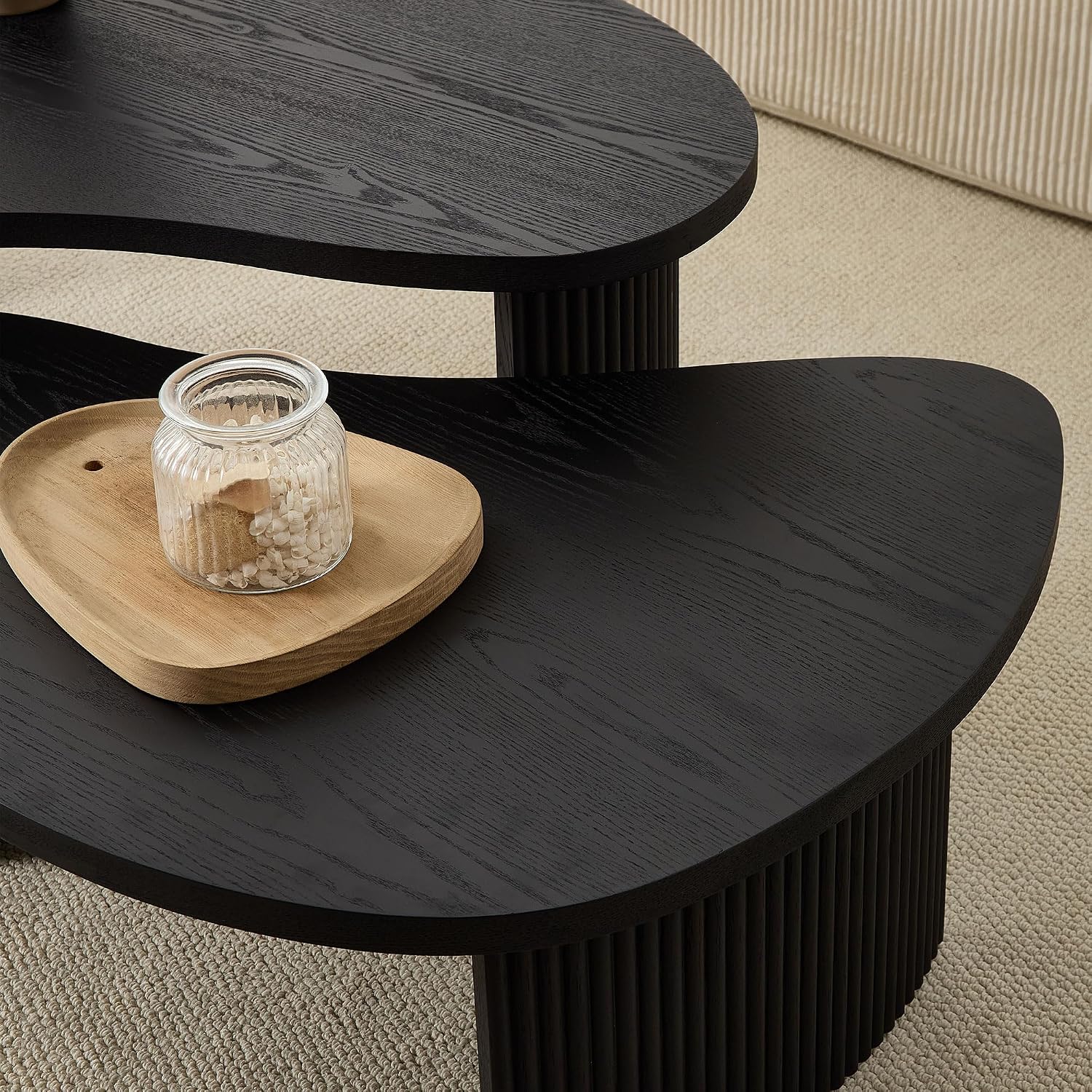 Modern Nesting Coffee Tables Set, 2-Piece Irregular Circle Wood Center Tables Unique End Side Table for Living Room Office, Fluted Legs Easy Assembly - Black