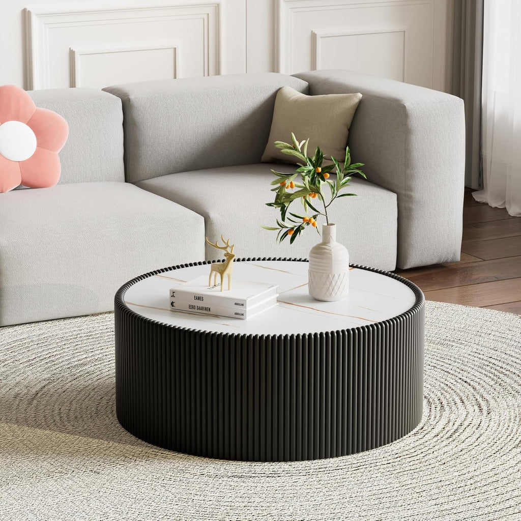 Round Living Room Table Set, 29.52' Black Drum Center Table and 17.71' Black Coffee Table Set, 2 Pieces Coffee Table Set with Sintered Stone Tabletop, Fluted PU Leather Covered and StableBase