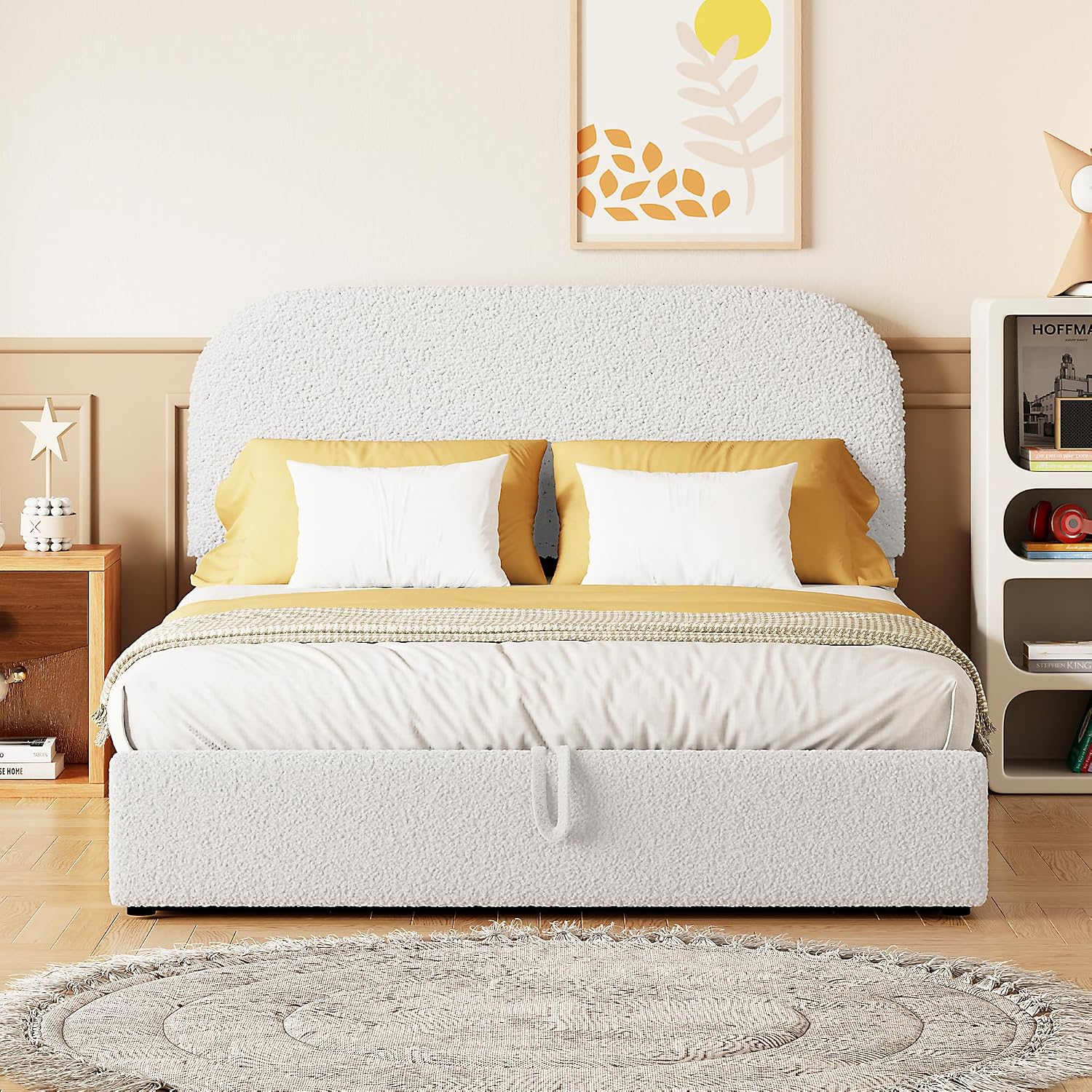 Upholstered Platform Bed with Hydraulic Storage System and Curved Shaped Headboard, Full Size Wood Bed Frame for Kids Adults Bedroom Furniture, Teddy Fleece Thick Upholstered Bed Grounded Bed
