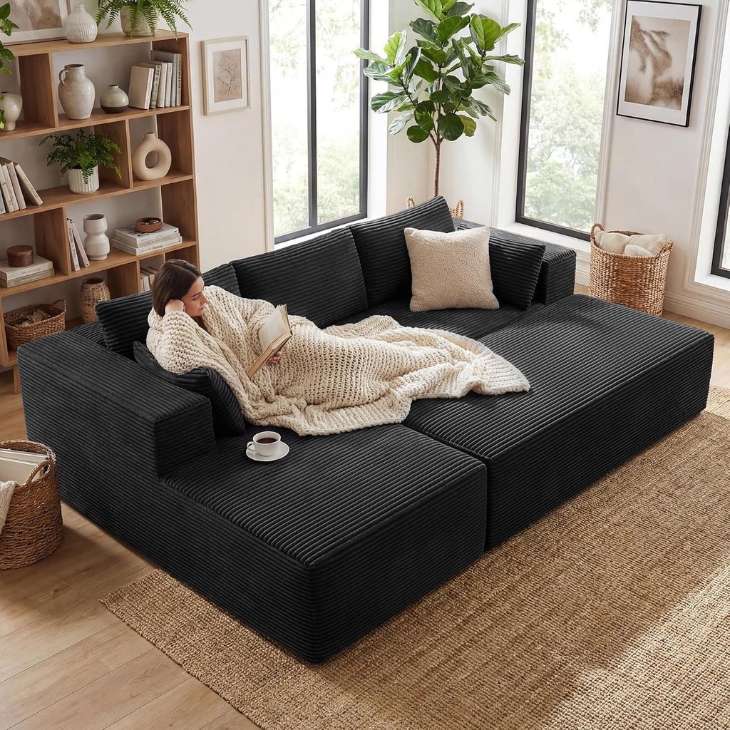 GRUSIGN 106' Oversized Sectional Boneless Sleeper Sofa Bed Couches for Living Room, Modular L Shaped Couch with Left Facing Chaise & Big Ottoman, Compressed Spineless Corduroy Cloud Sofas, Black | Deep Seat