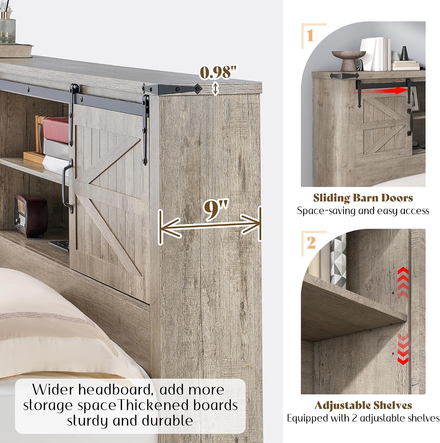 AMERLIFE Farmhouse Full Bed Frame with Storage Headboard & Charging Station, Rustic Wood Platform Bed with Barn Door Bookcase, No Box Spring Needed, Light Grey Bedroom Furniture