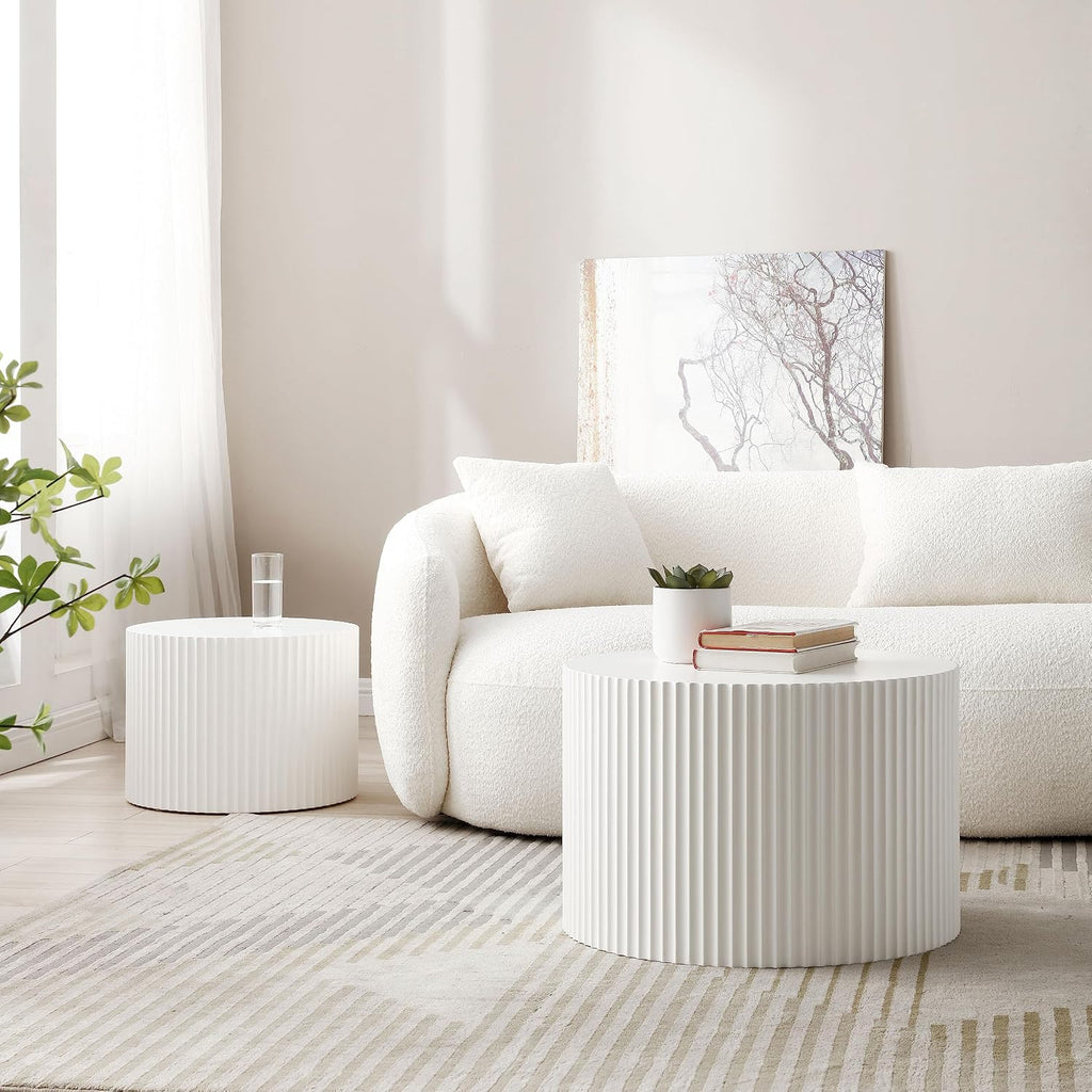 Round Nesting Coffee Table Set of 2 for Living Room, Modern End Table MDF Finish Side Table Circular Coffee Table 2 Pieces for Small Space No Assembly Request - White