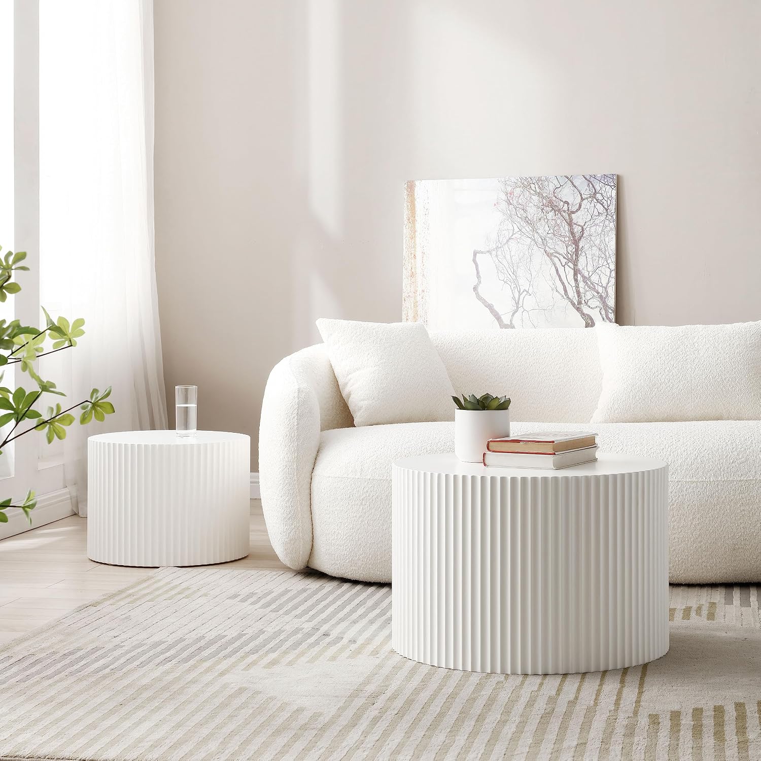Round Nesting Coffee Table Set of 2 for Living Room, Modern End Table MDF Finish Side Table Circular Coffee Table 2 Pieces for Small Space No Assembly Request - White
