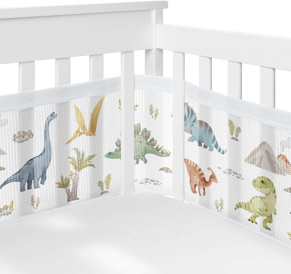 Sweet Jojo Designs Watercolor Dinosaur Dino Boy Baby Crib Bedding Set Infant Nursery Room BreathableBaby Breathable Mesh Crib Liner 6p Green Blue White Modern Dinosaurs Jurassic Animal Track Footprint