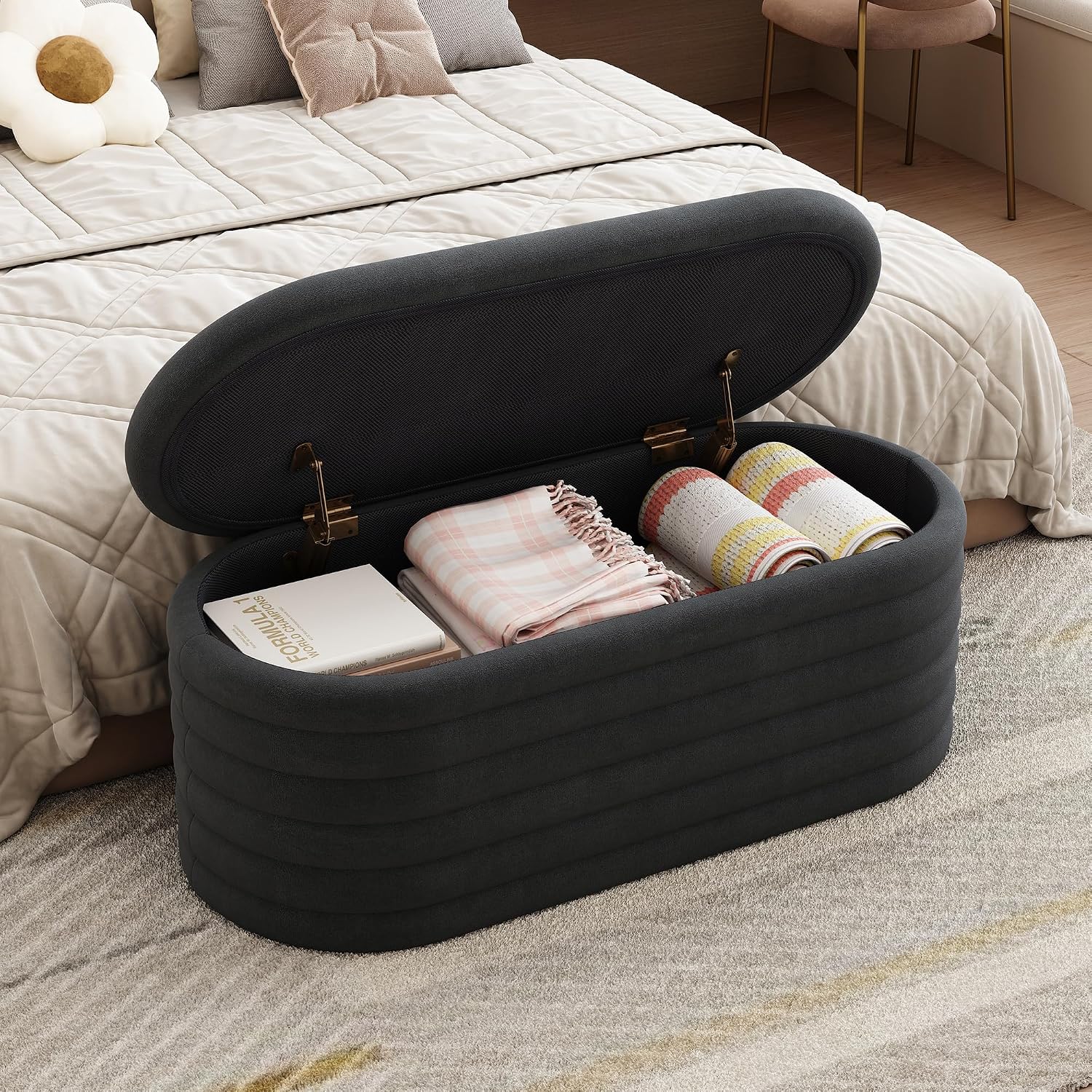Storage Ottoman Bench 40 inch Upholstered Chenille Fabric Storage Bench for Bedroom End of Bed Stool Aesthetic Large Storag Ottoman for Living Room Entryway,Black