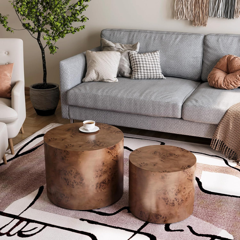 Nesting Coffee Table Set of 2, Modern Round Coffee Table Drum Side Table, Wooden Circle Accent Tables End Tables for Small Spaces Living Room Bedroom Office (Dark Brown)
