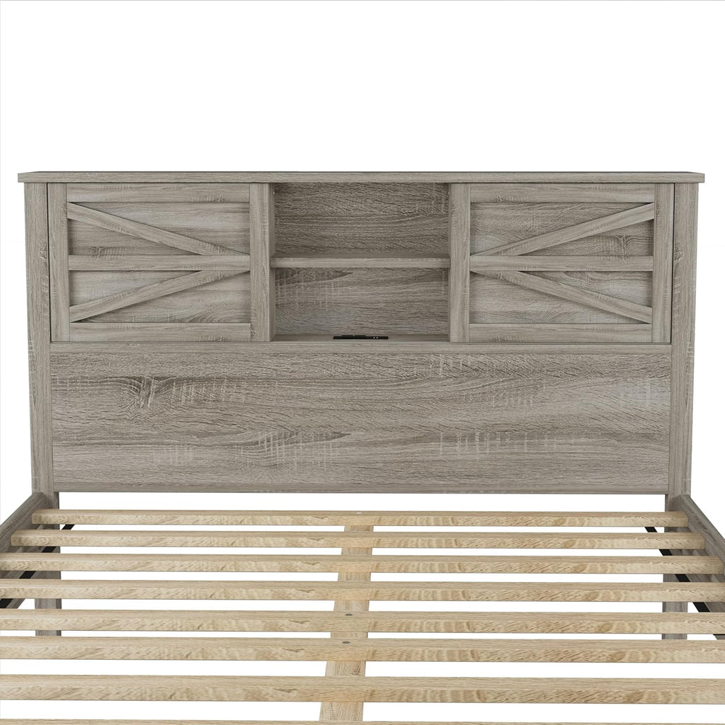 3PCS Bedroom Sets, Queen Size Farmhouse Platform Bed with Double Sliding Door Storage Headboard, Cabinet & Nightstand, 3PCS Bedroom Sets with USB, for Kids, Adults, Gray