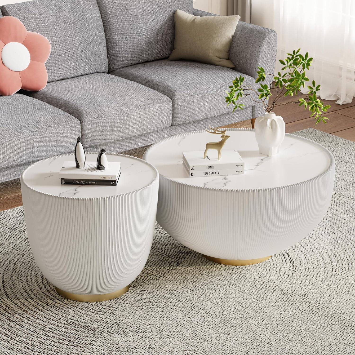 Round Coffee Table Set, 27.56' White Drum Center Table and 19.69' White Coffee Table Set, 2 Pieces Living Room Table Set with Sintered Stone Tabletop, Fluted PU Leather Covered and Metal Base
